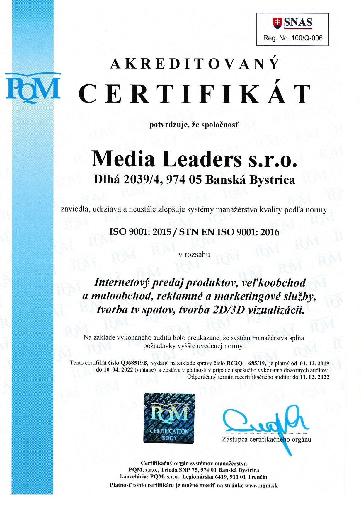 certifikata iso 9001 media leaders sro