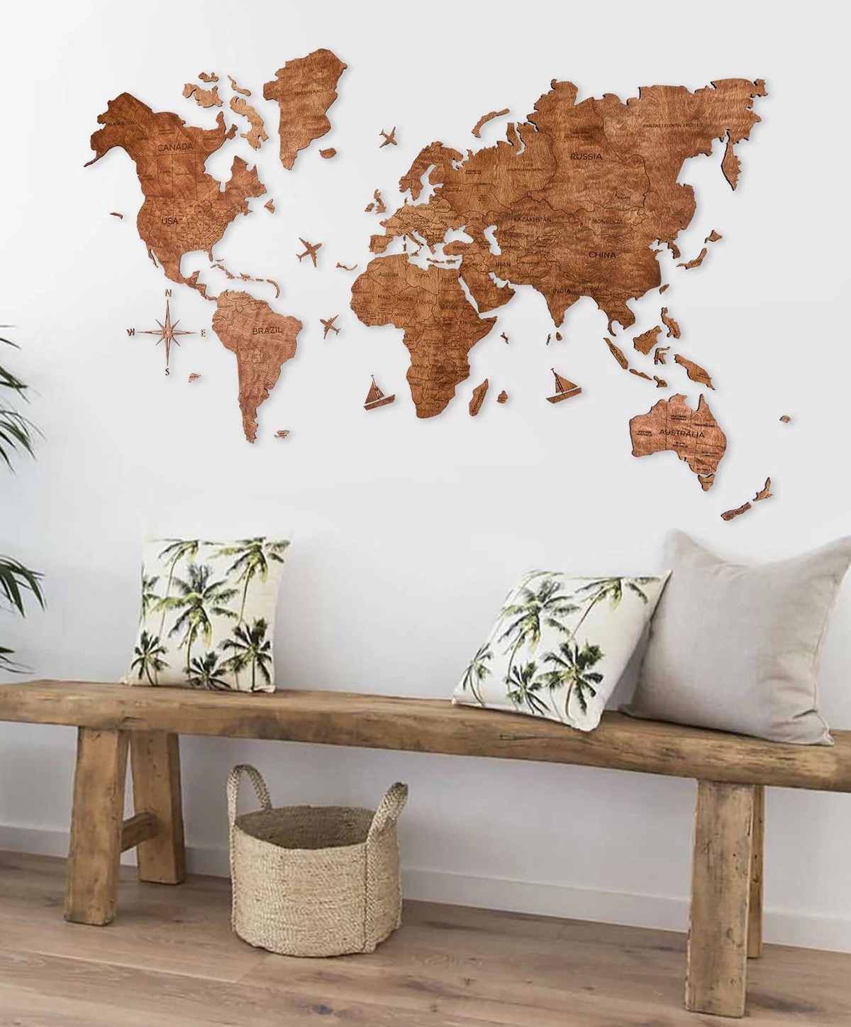 Harta e botës prej druri me ngjyrë lisi