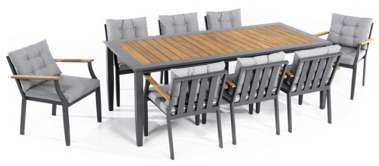 Tavolina dhe karrige ndenjëse kopshti prej alumini dhe druri