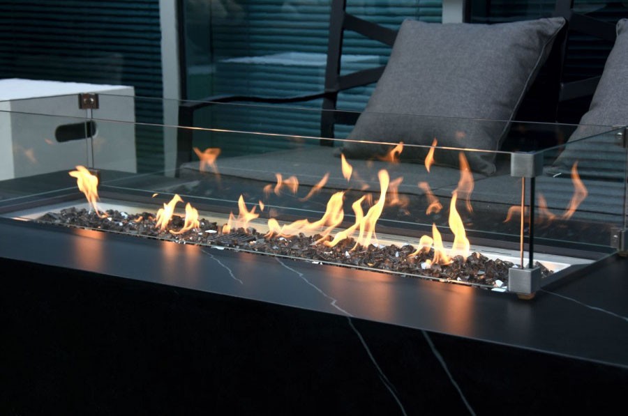 Tavolinë me gropë zjarri propan fireplace qeramike mermeri i zi