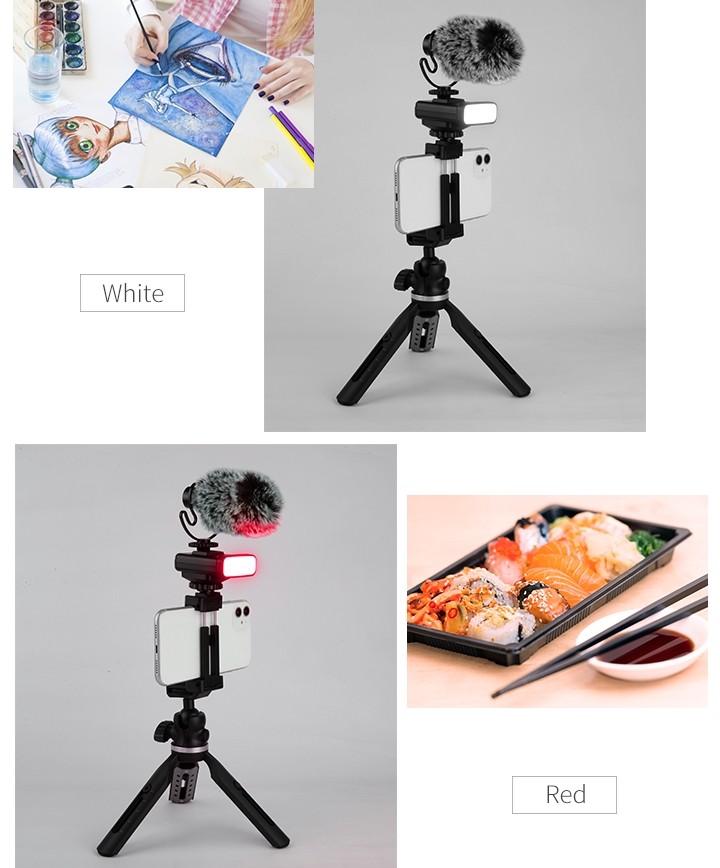 trekëmbësh për celular (mbajtëse selfie) + mikrofon dhe dritë