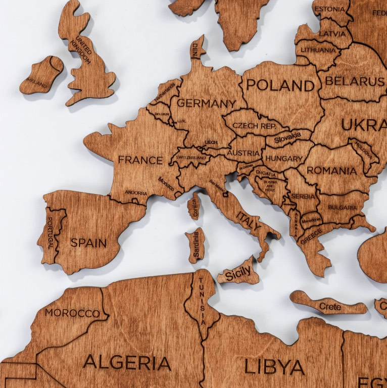Harta e botës prej druri me ngjyra lisi - kontinente