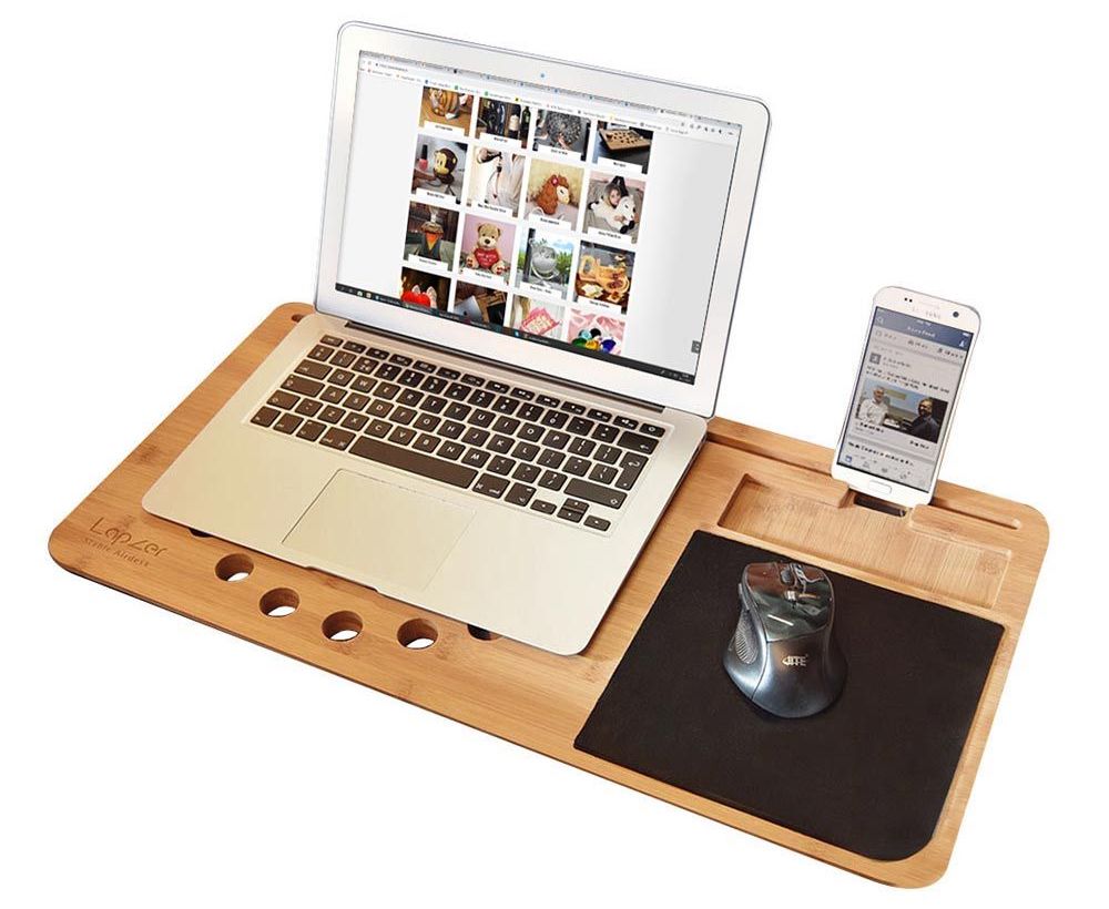 Mbështjellës për laptop në shtrat prej druri + mbajtëse celulari