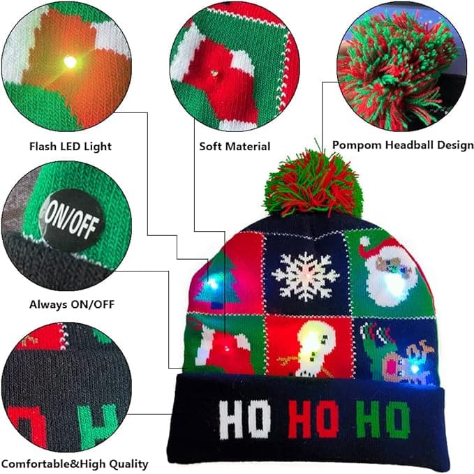 kapele dimërore për Krishtlindje me një pom-pom dhe LED të ndezur