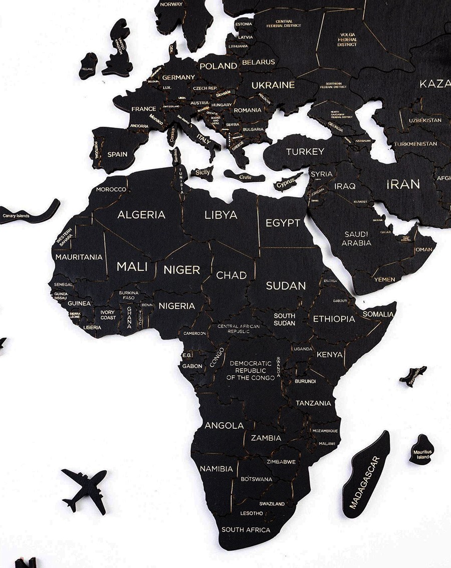Harta e murit kontinentet prej druri ngjyra e zezë