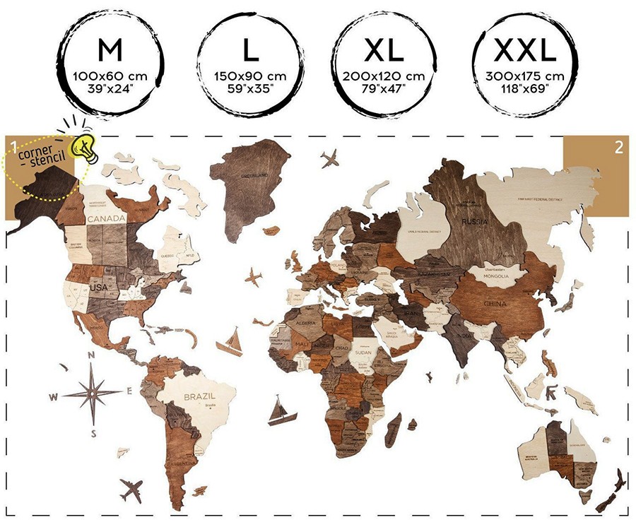 Pikturë 3D prej druri me madhësinë e hartës botërore XXL