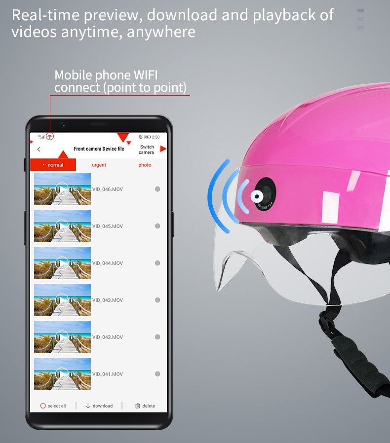 Lidhja wifi e kamerës së helmetës së motoçikletës përmes aplikacionit smartphone